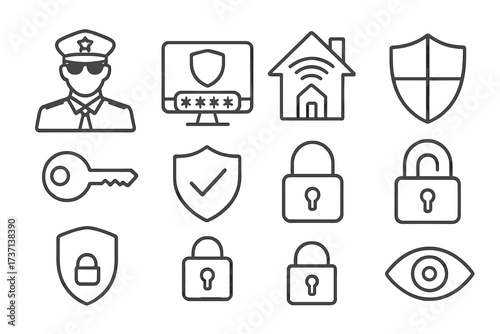 Security line icon set. Cyber security, data protection, smart home safety concepts. Includes guard, password, key, shield, lock, unlock and access symbols for web design. Vector.