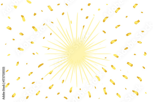 Elegant golden confetti explosion with radiant sunburst, festive celebration vector illustration on transparent background, party decoration, sparkling golden petals and rays design