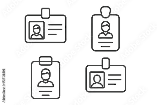 ID card line icon collection. Identity badge symbol. Staff name tag with photo. Employee access, press pass. Vector outline illustration for corporate business security design.