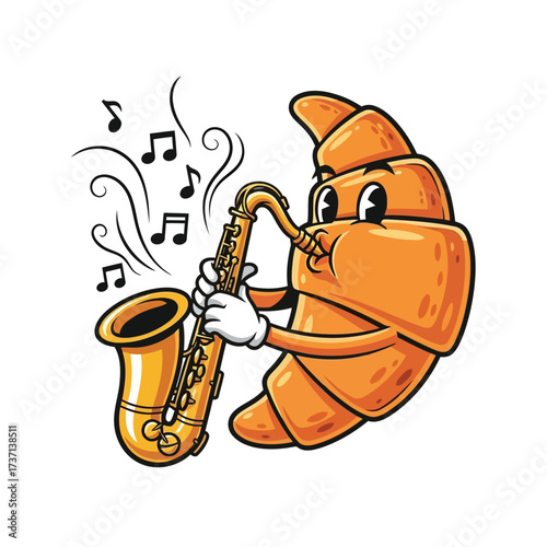 Vector illustration of a croissant character playing the saxophone with musical notes