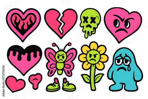Set of retro hearts and funny grungy elements with comic characters in trendy Y2K psychedelic style, neon colors, 2000s aesthetic, Anti-Valentine's Day concept, vibrant and quirky design