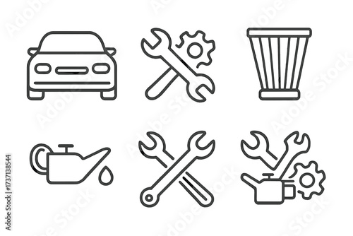 Car service line icon set. Auto repair and vehicle maintenance pictograms. Mechanic garage, oil change, engine filter, diagnostic tools, and workshop outline symbols collection.