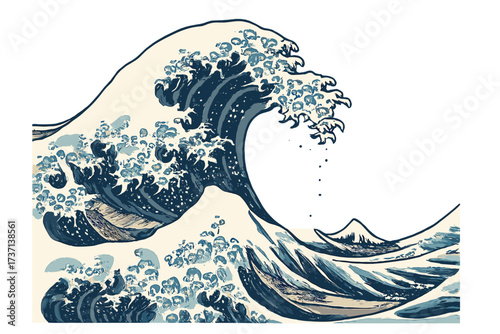 Japanese Great Wave off Kanagawa vector illustration, traditional ukiyo-e style ocean wave with mountain, dynamic sea foam splash, vintage wave art, transparent background