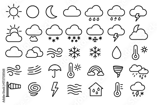 Weather forecast line icon set. Big collection of meteorology symbols. Vector outline pictograms for web and mobile app. Sun, cloud, rain, snow, wind, storm, moon, rainbow.