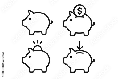 Piggy Bank Icon Set with Editable Stroke, Vector Cartoon Illustration of Savings Concept, Investment and Finance Symbols for Infographics, Articles, Flyers, Banners, Books