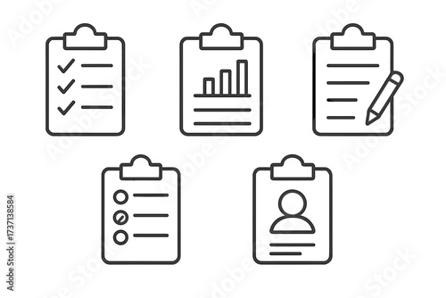 Clipboard line icon set for business and data management. Vector collection of checklist, report, survey, application, and user profile symbols for web and mobile UI design.
