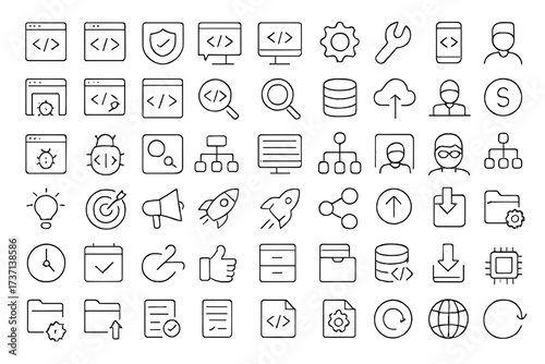 Programming and coding line icon set. Web development, software engineering, information technology concepts. Vector symbols for app developer, database, API, bug, cloud.