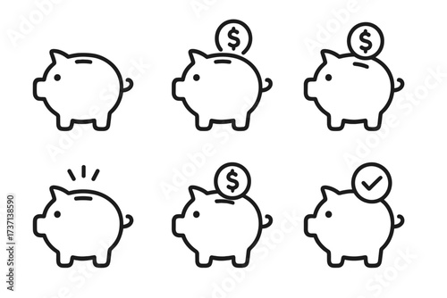 Piggy Bank Outline Collection with Editable Stroke, Vector Cartoon Illustrations of Savings and Finance Icons, Perfect for Infographics, Articles, Books, Flyers, and Banners Transparent Background