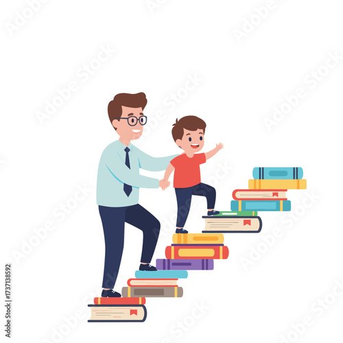 Man helps boy climb stairs made of books, education concept.