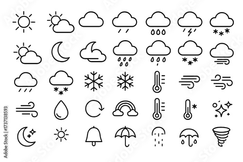 Weather forecast icon set in modern thin line style. Collection of meteorological symbols: sun, cloud, rain, snow, storm, wind, moon, temperature. Vector for web and app UI.