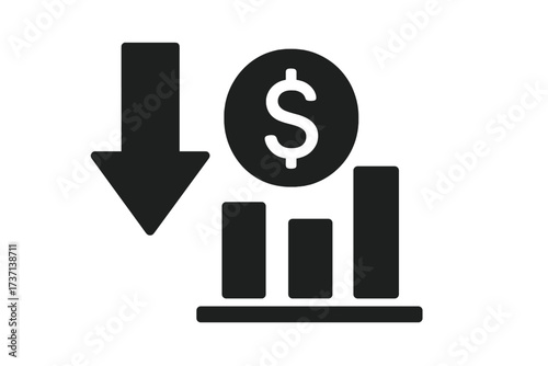 Cost reduction icon. Price drop and budget cut symbol. Financial crisis and recession concept. Lower profit, market crash, and economic downturn graph. Sales decline vector.