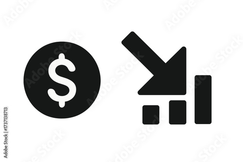 Cost reduction icon. Price decrease concept. Financial crisis symbol. Money down vector illustration. Lower budget, income loss, and salary cut. Business expense reduction.