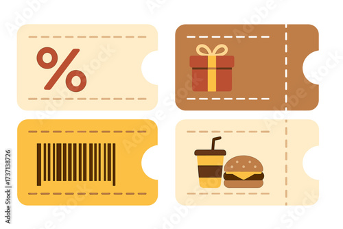 Vector coupon template set for sales and promotions. Gift voucher and discount ticket collection with barcode, percent sign, and fast food offer for business marketing design.