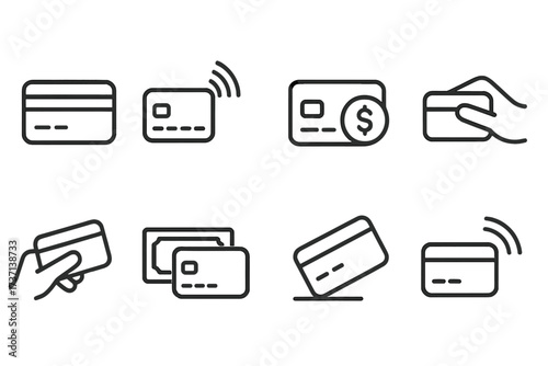 Credit card icon set in thin line style. Vector collection of payment symbols, including contactless, NFC, pay pass, and money transaction for web and mobile design.