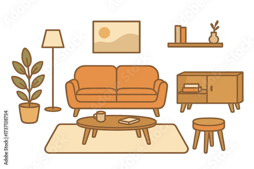Cozy mid-century modern living room interior vector illustration with sofa, coffee table, lamp, plant, bookshelf, rug, stool, and wall art in warm earthy tones, transparent background