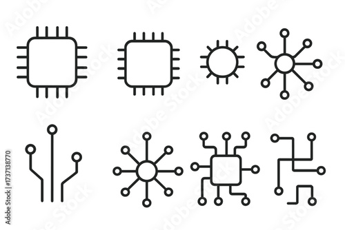 Minimalistic linear icons of computer chips and circuit schemes, editable stroke vector illustrations for technology design, cards, apps, banners, and digital projects