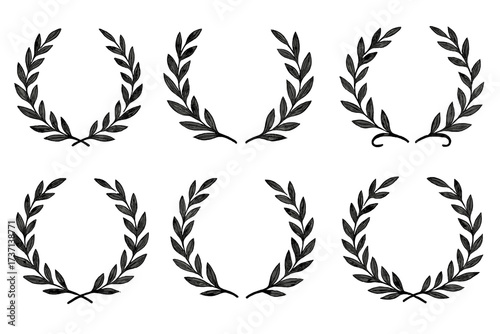 Set of black laurel wreaths. Vintage hand drawn vector frames and branches. Decorative leaves collection for award, victory, and success. Ornate icon, emblem, and logo element.
