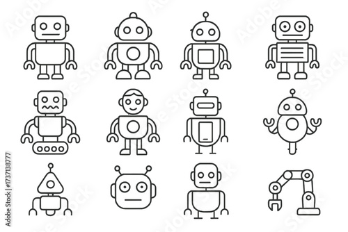 Minimalistic Robot Line Icon Collection, Editable Stroke, Linear Pictogram Set for Cards, Apps, Banners, Posts, Vector Cartoon Robots with Transparent Background