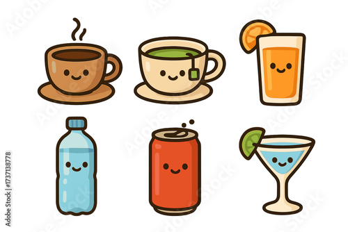 Cute beverage icons set. Kawaii drink characters with smiling faces. Coffee, tea, juice, water, soda, cocktail. Vector cartoon illustration for menu, sticker, mascot design.