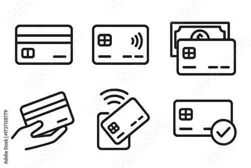 Credit card payment icon set in thin line style. Vector collection for web and mobile. Contactless nfc and pay pass symbols. Finance, banking, and money transaction signs.