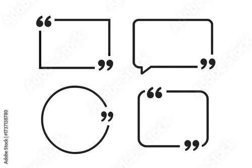 Vector collection of quotation mark brackets. Texting quote and citation boxes for comments, messages, or testimonials. Creative banner illustration template design set.