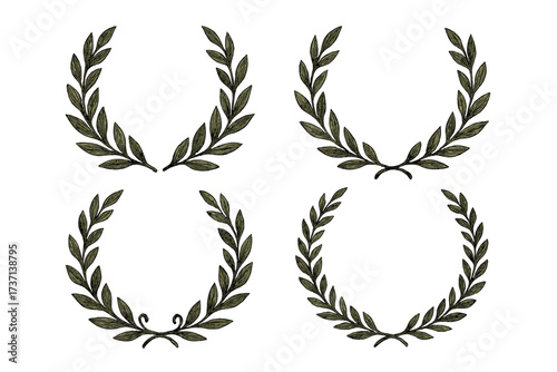Set of hand-drawn vintage laurel wreaths. Vector collection of Greek and Roman style frames and branches. Decorative elements for award, victory, and honor emblems or icons.