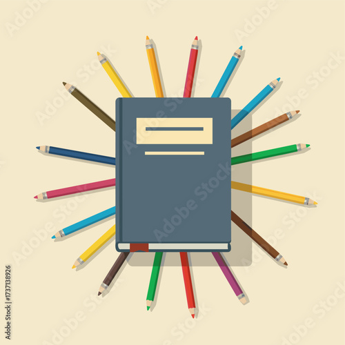 Closed book surrounded by colorful pencils, flat lay design.
