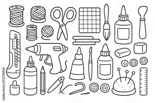 DIY crafts tools and supplies line art set. Vector cartoon illustration for creative handmade projects. Monochrome collection of sewing, scrapbooking and hobby items.