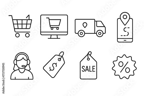 E-commerce line icon set for online shopping. Vector collection for web and mobile apps. Includes delivery, order tracking, customer service, price tag, sale and discount symbols.