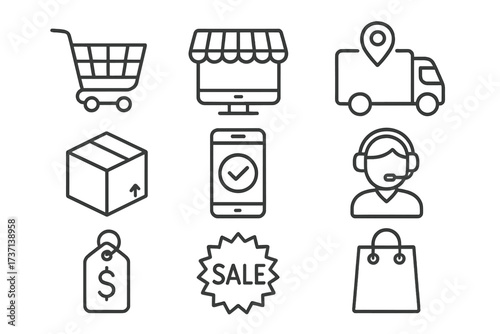 E-commerce line icon set. Online shopping, delivery, tracking, customer service icons. Price tag, sale, shopping cart, package and storefront symbols for web and mobile app.