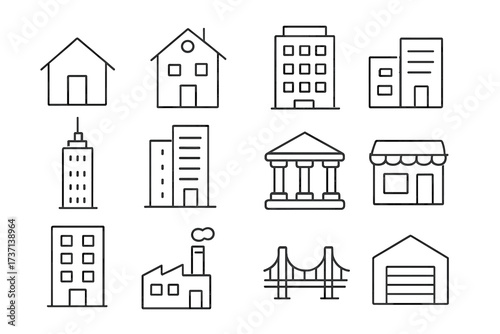 Minimalistic Linear Building Icons Set. Editable Stroke Vector Pictograms for Cards, Apps, Banners, Posts. Includes Houses, Office, Factory, Storefront, Bank, Bridge, Garage Line Art Design