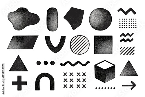 Set of abstract brutalist geometric shapes. Retro Memphis design style elements. Universal vintage 80s 90s forms with grain texture for web, poster, sale, or advertisement.