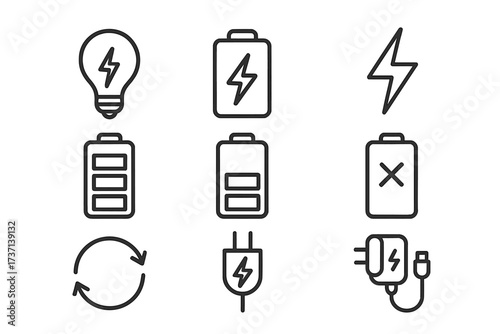 Set of Minimalist Line Icons of Energy Concepts, Battery Charge Levels, Chargers and Lightning Symbols. Editable Stroke Vector Pictograms for Apps, Web, Banners, Technology Design