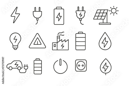 Set of minimalistic linear vector icons of energy, charger, battery, solar panel, electric car, power symbols, and electric plug for app, banner and card designs