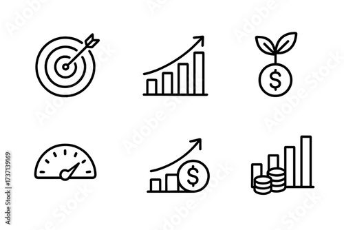Growth web icons in line style. Target, graph, investment, performance, profit collection. Business success and financial development concept. Vector set for marketing strategy.
