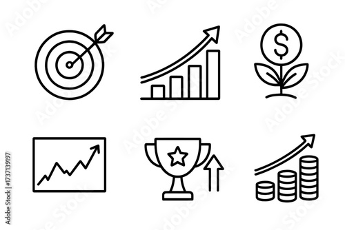 Growth icon set for business success. Line style web icons. Target, investment, profit, performance, achievement, and financial analysis. Vector illustration collection.