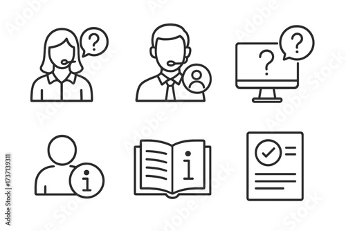 Customer support and online help line icon set. Call center operator, FAQ, info desk, user guide manual, and instructions vector symbols. Thin outline pictogram collection.