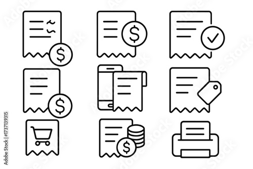 Set of Minimalistic Editable Stroke Line Icons of Store Receipts, Invoices, Payment, Shopping Cart, Digital and Printed Receipts, Price Tags, Finance Concepts for App and Banner Design