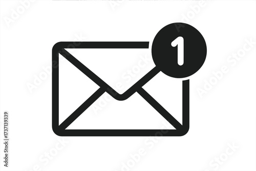 Vector envelope mail icon with notification badge, minimal black and white design, message alert symbol, digital communication concept, isolated on transparent background, modern flat style