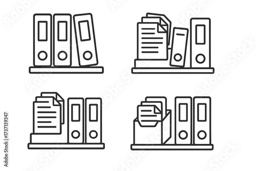Shelved Documents Line Icons Collection, Editable Stroke Vector. Office Storage, File Organization Symbols for Infographics, Articles, Books, Flyers, and Banners Illustration.