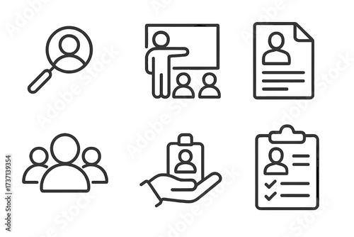 Hiring process line icon set. Human resources management concepts. Recruitment, candidate search, job interview, staff training, and onboarding business vector symbols collection.