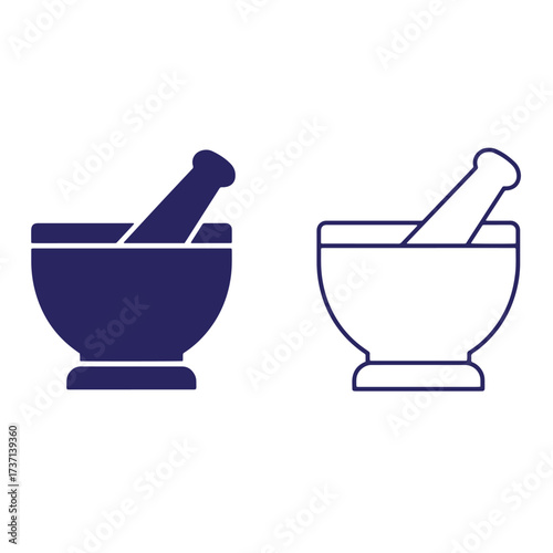 Two minimalist illustrations of a mortar and pestle for medicinal or culinary concepts