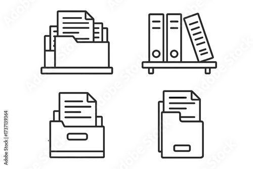 Shelved Documents and Paper Files Line Icon Collection, Editable Stroke Vector Set for Infographics, Articles, Books, Flyers, Banners, Office Organization and Document Management Illustration