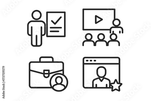 Hiring process line icons. Human resources, recruitment, job candidate search. Vector symbols for training, work, career, portfolio, online interview, and successful applicant.