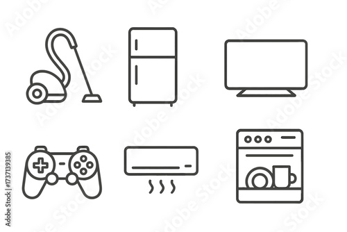 Home appliances web icons in line style. Household appliance, vacuum cleaner, refrigerator, TV, gaming, air conditioning, dishwasher collection. Vector electronics and home essentials.