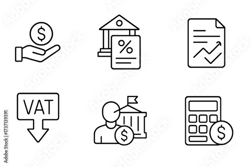 Tax and finance web icon set. Vector line style symbols for pay, duties, interest rate, tax return, VAT, tariff, and personal tax. Financial collection & calculation concept.