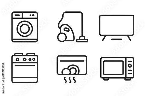 Home appliances icon set. Thin line art style. Household appliance symbols. Washing machine, vacuum cleaner, TV, oven, dishwasher, microwave. Vector collection for web and mobile UI.