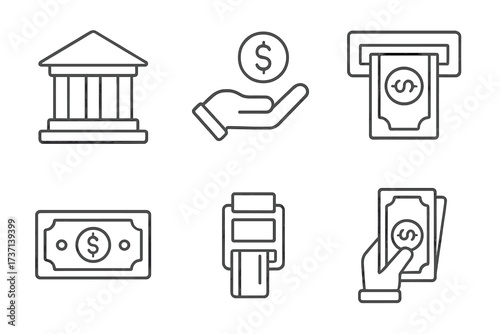 Set of banking and finance line icons. Includes bank building, ATM, cash withdrawal, credit card payment, and income symbols. Thin line vector pictograms for financial services.
