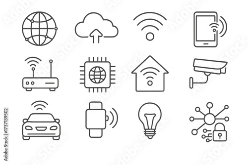 Internet of Things line icon set. Smart home technology, cloud computing, wireless network connection, data security, and communication pictogram collection. Vector symbols.