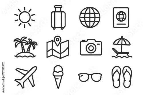 Summer vacation and travel line icons collection with beach, palm trees, suitcase, passport, map, camera, airplane, ice cream, sunglasses, flip-flops, and lounge chair for tourism and holiday fun
